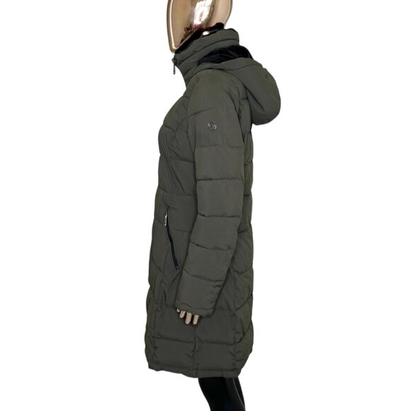 Andrew Marc Olive Green Stretch Puffer Jacket Faux Fur Hood Small - Picture 6 of 12